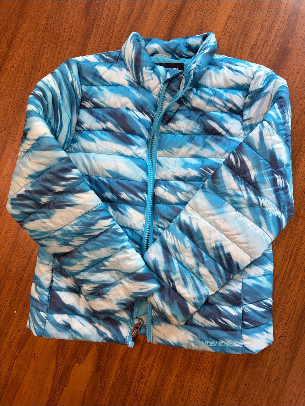 Lands' End Girls Blue & White Patterned packable Puffer Jacket